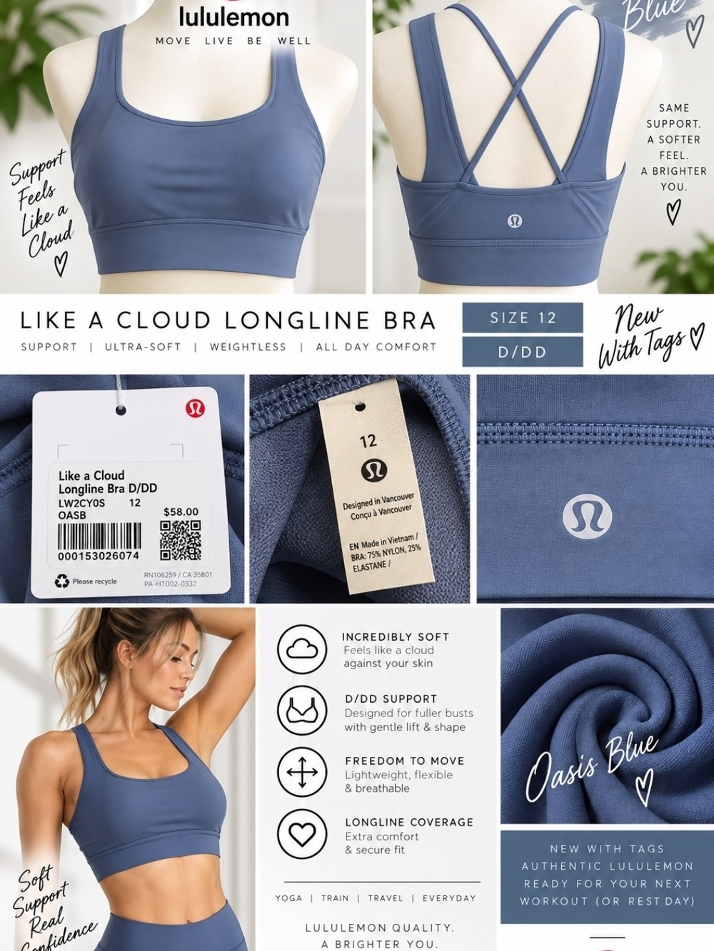 lululemon athletica Like a Cloud Longline Bra โ Oasis Blue Size 12 NWT
